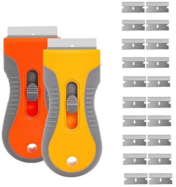 Retractable Razor Blade Scraper Tool, 2 Pack with 20 Extra Replacement Blades, Safety Lock Paint Scraper for Removing Stickers, Labels, Paint from Glass, Windows, Stovetop, Ceramic Surfaces