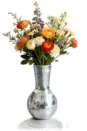 Relaxdays Disco Vase, mit Spiegelglas, HxD: 28x14 cm, Mosaikvase, runde Blumenvase, Tischdeko, Glitzervase, Silber