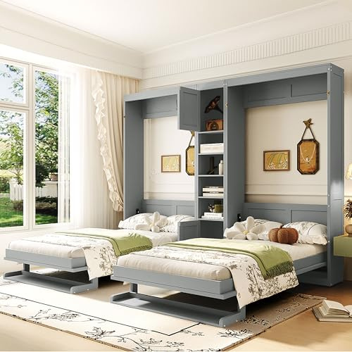FUvellamo Twin Size Dual Wall Murphy Beds with Cabinets and Storage Shelves, Modern Horizontal Foldable Wall Bed Frame for Home Office, Apartment, Guest Room, Gray