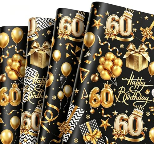 5 Stück Geschenkpapier Geburtstag Schwarz Gold für Männer Frau,70x50cm Birthday Gift Wrapping Paper, Geschenkpapier 60. Geburtstag mit 5M Geschenkband für 60.Geburtstage Party Geschenk Deko