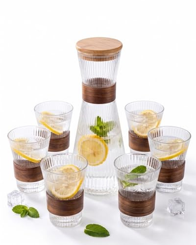Wasserkaraffe Mit Gläsern Set 7-Teilig - Wasserkrug Glas Mit Deckel 1,1L - Karaffe Mit Gläsern 6x 250 ml - Gerippte Glaskaraffe Mit Bambusdeckel - BAVARY - Für Wasser Saft Eistee Limonade