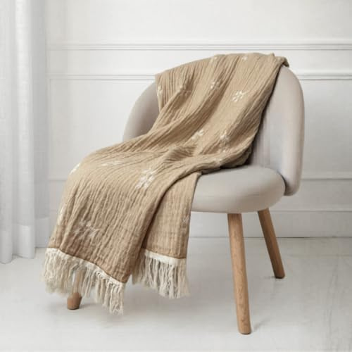 Kava Manta Algodón 100% con Diseño Jacquard – Manta Sofá y Cama (130x170 cm) – Plaid Decorativo Suave, Ligero y Transpirable - Colcha Entretiempo Tejida, Cubre Sofá (Camel)