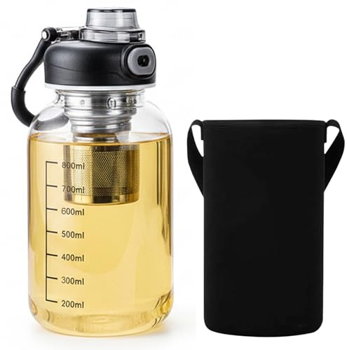 Teeflasche mit Sieb, 1 l Glastrinkflasche, schwarze Borosilikatglasflaschen, herausnehmbares Teesieb, Schutzhülle und sicher verschließbarer Deckel.