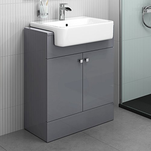 iBathUK Harper Vanity Unit with Basin, Floor Standing, Semi Recessed Ceramic Wash Basin for Bathroom Furniture, Storage Cabinet with 2 Door- Grey (Flat Pack)