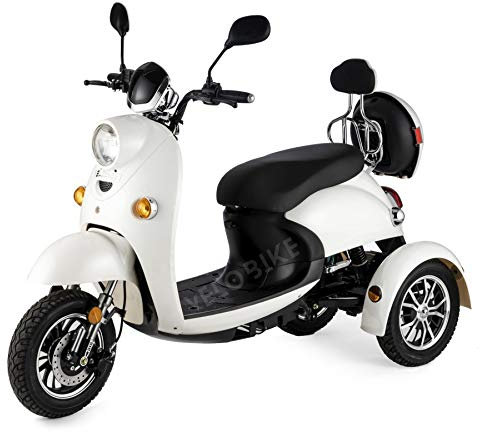 Veleco ® ZT 63 Retro 3-Wheel Mobility Scooter with High Capacity Battery (45-60 Km), Full Suspension, Led Lighting and Extra Mobility Device Rain Cover - White