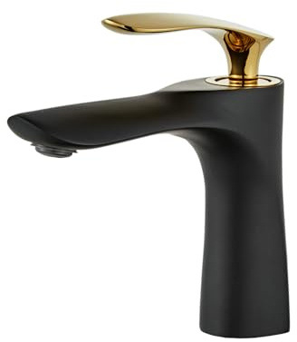 Leekayer Badezimmer moderner schwarzer Waschbeckenkran, Chromgoldgriff, bevorzugtes Messingmaterial, langlebig und robust, wasserdicht und rostdicht, Einloch-Montage