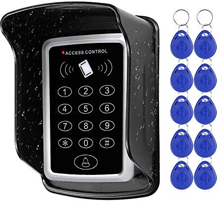 NN99 Sistema di controllo accessi Tastiera RFID 125KHz EM Card Reader + Copertura impermeabile antipioggia + 10pcs Telecomando Tag Apriporta per esterno casa/appartamento/ufficio, Dc12v, blu