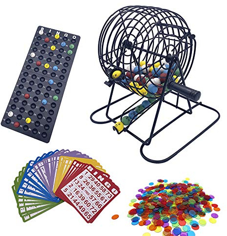 JUNWRROW Deluxe Bingo Game Set-6 Inch Metal Cage, Master Board,75 Colored Balls, 50 Bingo Cards,500 6 Color Mix Chips and 2 Bags,Ideal for Large Groups
