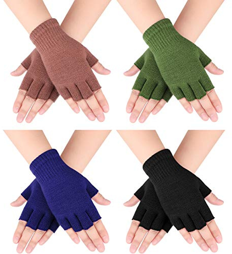 4 Pares de Guantes sin Dedos Guantes de Mitad de Dedos Guantes de Punto de Color Sólido para Niños y Niñas (Negro, Caqui, Verde Oscuro, Azul Oscuro)