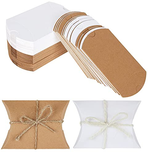FVIEXE Paquete de 200 cajas de almohada de papel kraft, cajas de regalo pequeñas con cordel de yute, mini caja de regalo de papel para joyas, manualidades, recuerdos de fiesta, regalo de boda y