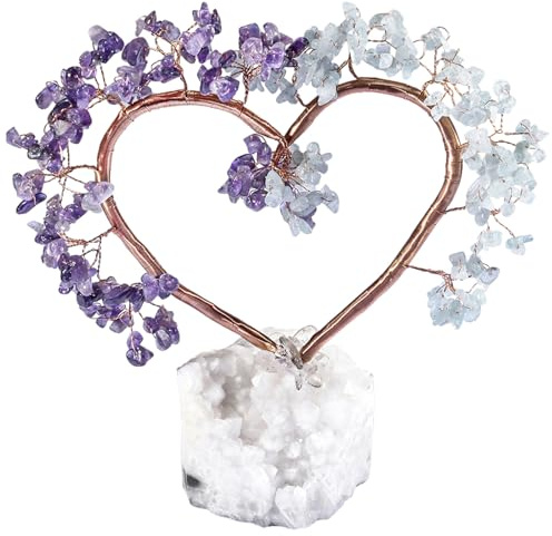 Herzform Edelstein Baum mit Bergkristall Basis Glücksbaum Hochzeit Deko | Bergkristall Stein Basis Amethyst&Aquamarin Glücksbaum, Heilstein Reichtum Geldbaum, Lebensbaum Hochzeit Wohn Deco Geschenk