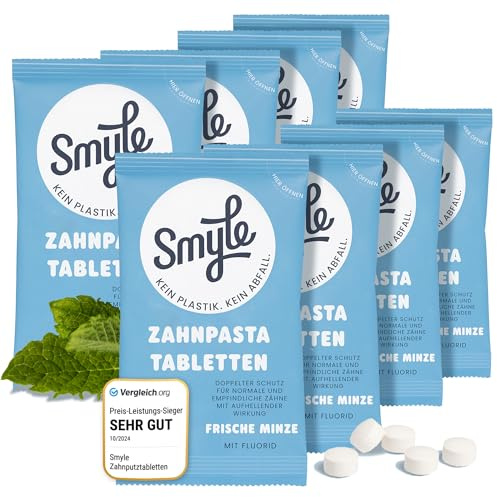 Comprimés de dentifrice Smyle - Véganes, avec fluor, sans plastique, dentifrice solide biodégradable, Pack de quatre (8 x 63 pièces)
