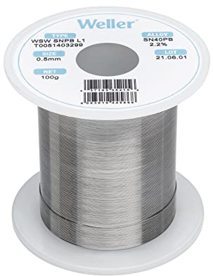 Weller WSW SnPb (T0051403299) Solder Wire, Dia: 0.5 mm / 0.020 in, Wt: 100 g / 3.527 oz, Alloy Sn60Pb40, Flux content 2.2%