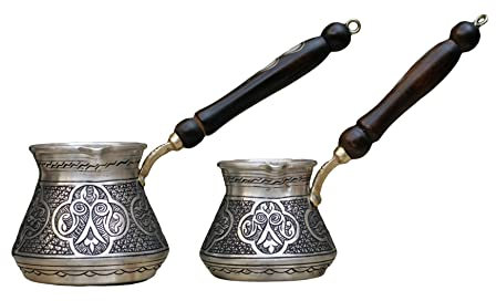 Caffettiera in rame martellato massiccio turco greco arabo sopra la stufa caffettiera con manico in legno (set di 3)
