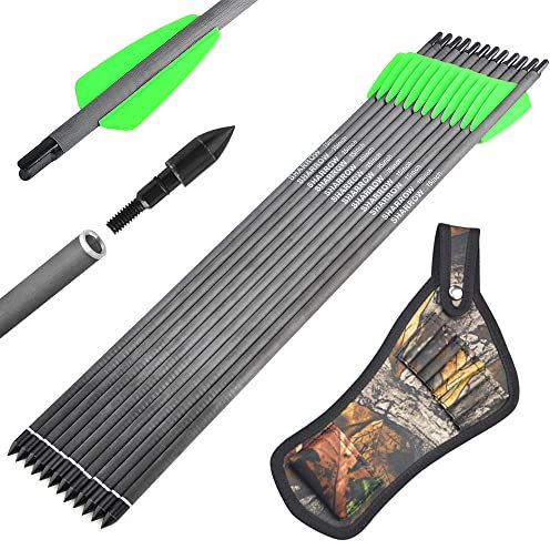 AMEYXGS 12 Stück Carbon Armbrustbolzen 7,5 Zoll Armbrustpfeile 15 Zoll Carbonpfeile mit Pfeilköcher Bogenschießen Jagdpfeil 2 Zoll Plastikfeder für Zielübungen Armbrust (Grün-15)