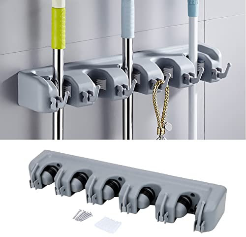 Techson Broom Mop Holder Tidy Organizer, Brush Handles Support Plastic Wall Mounted Hanger with 5 Position 6 Hooks, Broomstick Storage Bathroom Organizer Rack