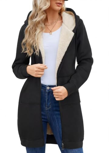 Svanco Fleecejacke Damen Lang Gefütterte Fleecemantel mit Kapuze | Dicke Warme Teddyfleece Innenfutter, 2 Große Taschen, Doppelfunktion‑Reißverschluss, gemütlich für Herbst Winter Outdoor
