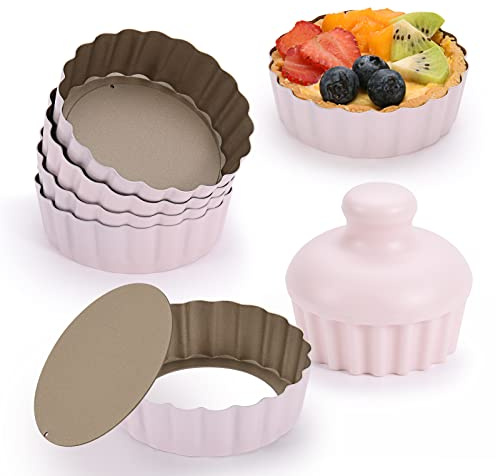 CGGYYZ Mini Round Tart Pan with Removable Bottom, Nonstick Mini Pie Pans for Baking, Carbon Steel Quiche Pan Set for Cupcake Muffin Cakes and Desserts, Including 6 Tart Pan and 1 Tart Tamper (Pink)