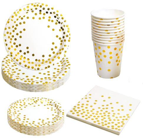 Box and Tree| 80 pièces Vaisselle Anniversaire , Assiettes Dorées et Blancs Or en Carton, Serviettes, Gobelet et couverts en bois Vaisselle pour Mariage, Noces, Noël et Fêtes, 20 invités