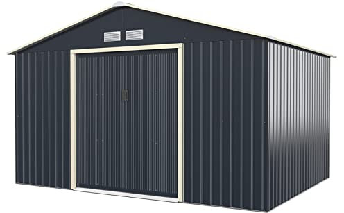 GOPLUS 8,7㎡ Abri de Jardin Métal, Cabine de Jardin Extérieur Portes Coulissantes, Cabane de Rangement à Outils, 330 x 255 x 210 cm, Gris