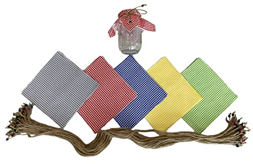 50 Pieces% 100 Cotton Checkered (Gingham) Fabric Jar Lid Cover Cloth- 6.7'' Jar Lid Cover Cloth With 50 Pieces Beaded Jute Rope