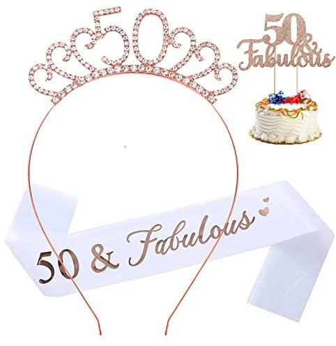 50 & Fabulous Sash & Rhinestone Tiara Cake Topper Set, Great Birthday Gifts,Rose Gold Birthday Sash/Tiara for Women's 50th Birthday Party Decoration (Rose Gold 50th)