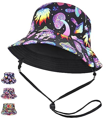 GLGHMH Unisex Reversible Bucket Hat with String, Double-Side Cotton Trendy Summer Fisherman Hat, Travel Sun Fisherman Bucket Hats for Women Men (Mushrooms-Fluorescent)