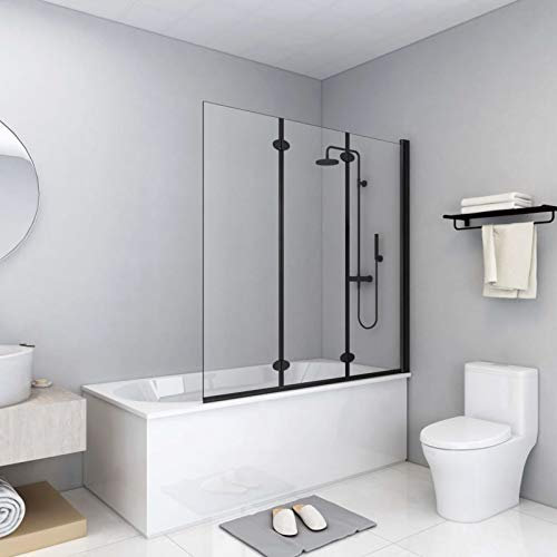 ADWOA Box Doccia Pieghevole a Libro 3 Pannelli in ESG 130x138 cm Nero,Parete Vasca da Bagno Doccia,Parete Vasca,Vetro Trasparente per Vasca da Bagno Adatto Vasca Parete Doccia
