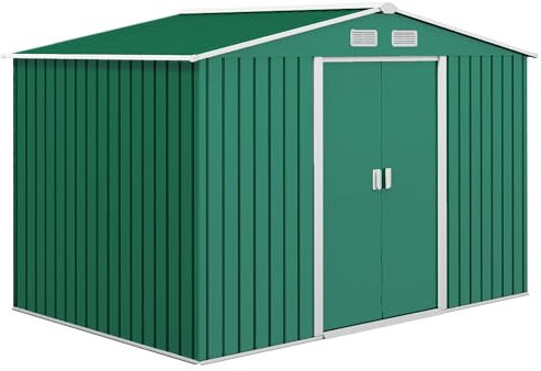 Outsunny Casetta da Giardino 4.9 m² con Fondazione, 4 Prese d'Aria e 2 Porte Scorrevoli, Capanno Porta Attrezzi in Lamiera d'Acciaio, 277x195x192 cm, Verde Scuro
