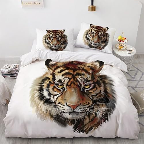MAQUE Weiß BettwäSche Set Tiger BettwäSche 135x200, WendebettwäSche und Kissenbezug 80x80, Weiche & Angenehme & Atmungsaktive Mikrofaser BettwäSche-Sets mit ReißVerschluss