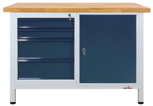 Steinbock Werkbank 4 Schubladen + 1 Tür | 120x84x60 cm | 300 kg | Grau | 300 kg Tragkraft | 4 cm geölte Massivholz-Arbeitsplatte aus Buche | stabiles Stahlgestell | Werktisch | Made in EU