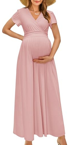 OUGES Damen Maxi Umstandskleider Lang Sommer Stillkleid V-Ausschnitt Kleider für Schwangere Lässiges Umstandsmode-L