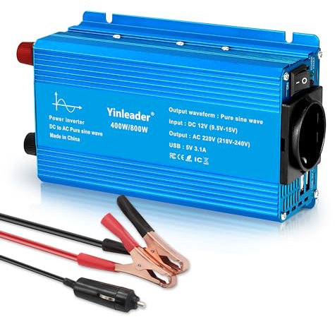 Yinleader 400W 12V DC auf 230V AC Reiner Sinus Wechselrichter 1 EU Steckdose und 2 USB