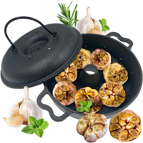 BOLVOUD Large Garlic Roaster, Cast Iron Garlic Roaster for Grill Oven, Outdoor Camping Cookware Garlic Roasting Pot Dutch Oven with Lid, Roast Vegetables Skillets Round Pan, BBQ Grilling Gifts for Men
