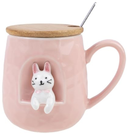 lachineuse - Tasse Lapin - Relief 3D - Funny Bunny - Porcelaine, Bois, Métal - 380 ML - Avec Couvercle et Cuillère - Mug Café, Thé, Chocolat, Cappuccino - Idée Cadeau Originale
