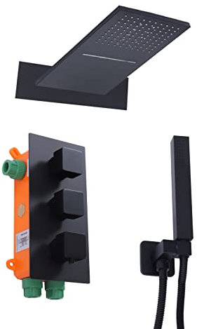 Sistema de ducha empotrado con termostato, 22 x 55 cm, rociador superior con modo cascada, empotrable, juego de ducha de lluvia, columna de ducha con cabezal de ducha de mano