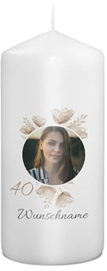 PhotoFancy® - Personalisierte Geburtstagskerze - Fotokerze mit eigenem Foto/Text bedrucken lassen - Kerze mit Geburtstags-Design: Aquarellblumen - 15 cm Höhe