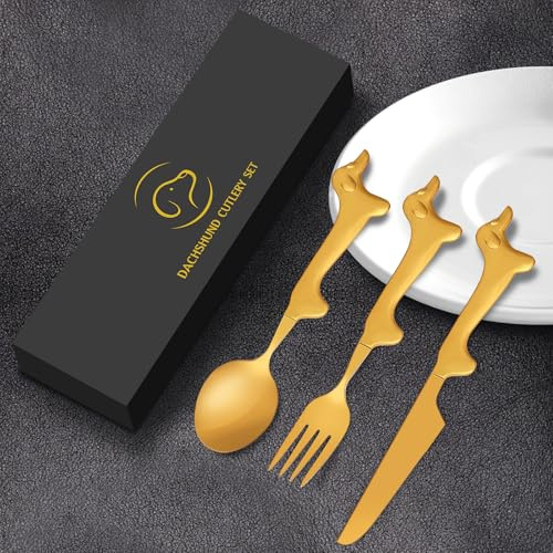 LULLEA Dackel-Edelstahl-Besteck-Set, Wurstlöffel, Messer und Gabel, 3-teilig, goldfarben, Dackel-Geschenke für Damen und Herren, Hundeliebhaber, hochglanzpoliert