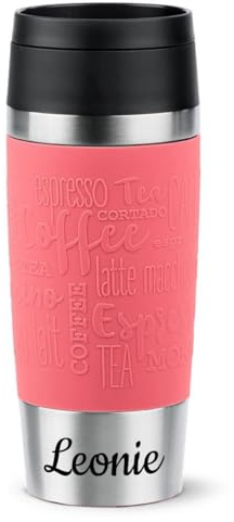 Isolierbecher mit Gravur (zB Namen) 360ml TRAVEL MUG Manschette koralle, personalisierter Thermo-Kaffeebecher/Teebecher
