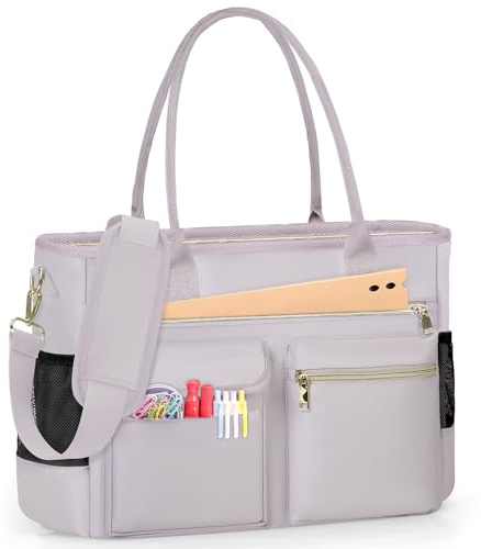 RAINSMORE Lärarväska för gymnasiekurser dator 15,6 stor damväska för sjuksköterska lärare student, Rosa grå, 16.5L x 5.9W x 12.2H