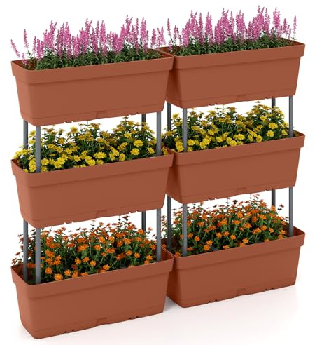 HOMASIS Juego de 6 Macetas para Flores, Jardinera Vertical de Exterior con Sistema de Drenaje, Combinación Libre, Jardinera Elevada de Jardín en PP para Frutas, Hierba, Vegetales (Marrón)