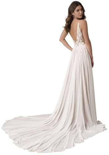 JAEDEN Damen Lang Brautkleid Hochzeitskleid Standesamt Boho Strand Brautmode Brautkleider Weiß 44