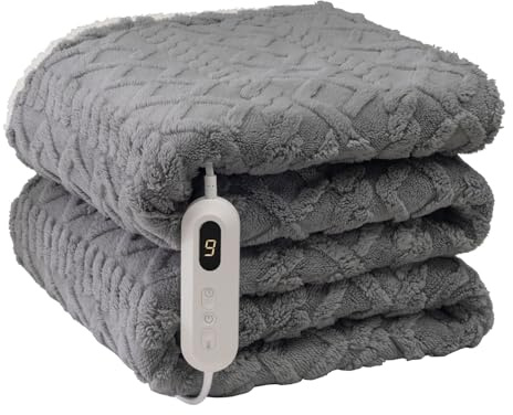 Neo Electric Cable Knit Heated 160X130cm Throw Reversible Blanket Fleece Sherpa 9 Heat Settings Machine Washable (Grey)