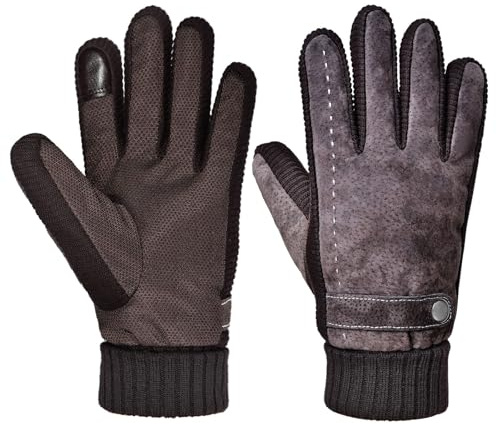 Harssidanzar Guanti da uomo in pelle di maiale per l'inverno con fodera in pile e cuciture a maglia CM003EU, Marrone, Taglia unica