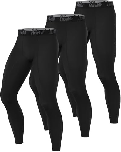 Runhit 3 Pack Mens Compression Tights, Athletic Leggings Cycling Trousers, Quick-Dry Base Layer Pants for Gym Football Yoga Ski, All Black S
