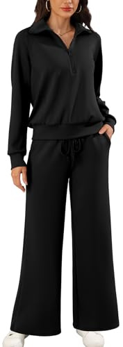SHEKINI Chándal de 2 piezas para mujer, conjunto de chándal de manga larga, media cremallera, traje de dos piezas, conjunto de deportes, ropa de casa, Negro , L