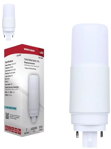 Satco S21428 7W LED PL G24d 2-Pin, Type A/B Dual Mode (Ballast Compatible or Bypass), 4000K Cool White, 910 Lumens, Replaces 13W/18W/26W CFL, Frosted Lens, 120-277V, Damp, NSF