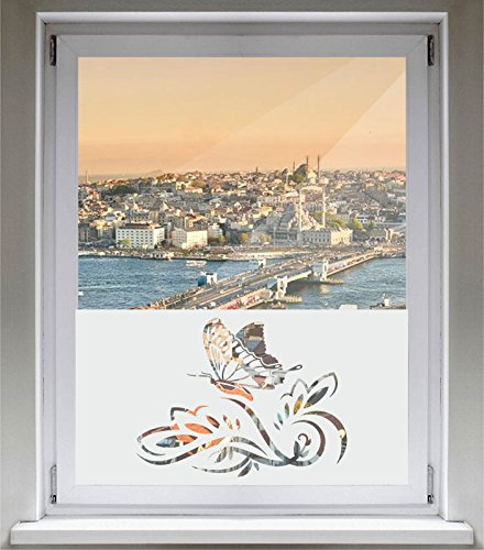 INDIGOS UG Sichtschutzfolie Glasdekorfolie Fensterfolie mit Motiv satiniert Blickdicht - d187 schöner Schmetterling Blüten Ranke Pflanze Tribal - 1000 mm Länge - 500 mm Höhe Viereck - selbstklebend