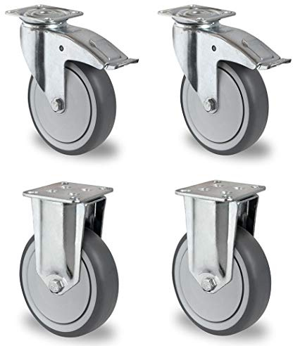 Rollensatz 2 Lenkrollen mit Feststeller + 2 Bockrollen 150 mm Thermoplastisches Gummi Apparaterolle