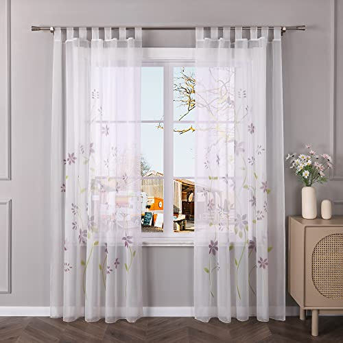 Yujiao Mao Voile Gardine mit Blumendruck Flowers farbenfrohe Vorhänge Schal mit Schlaufen 1er Pack Violett BxH 150x225cm
